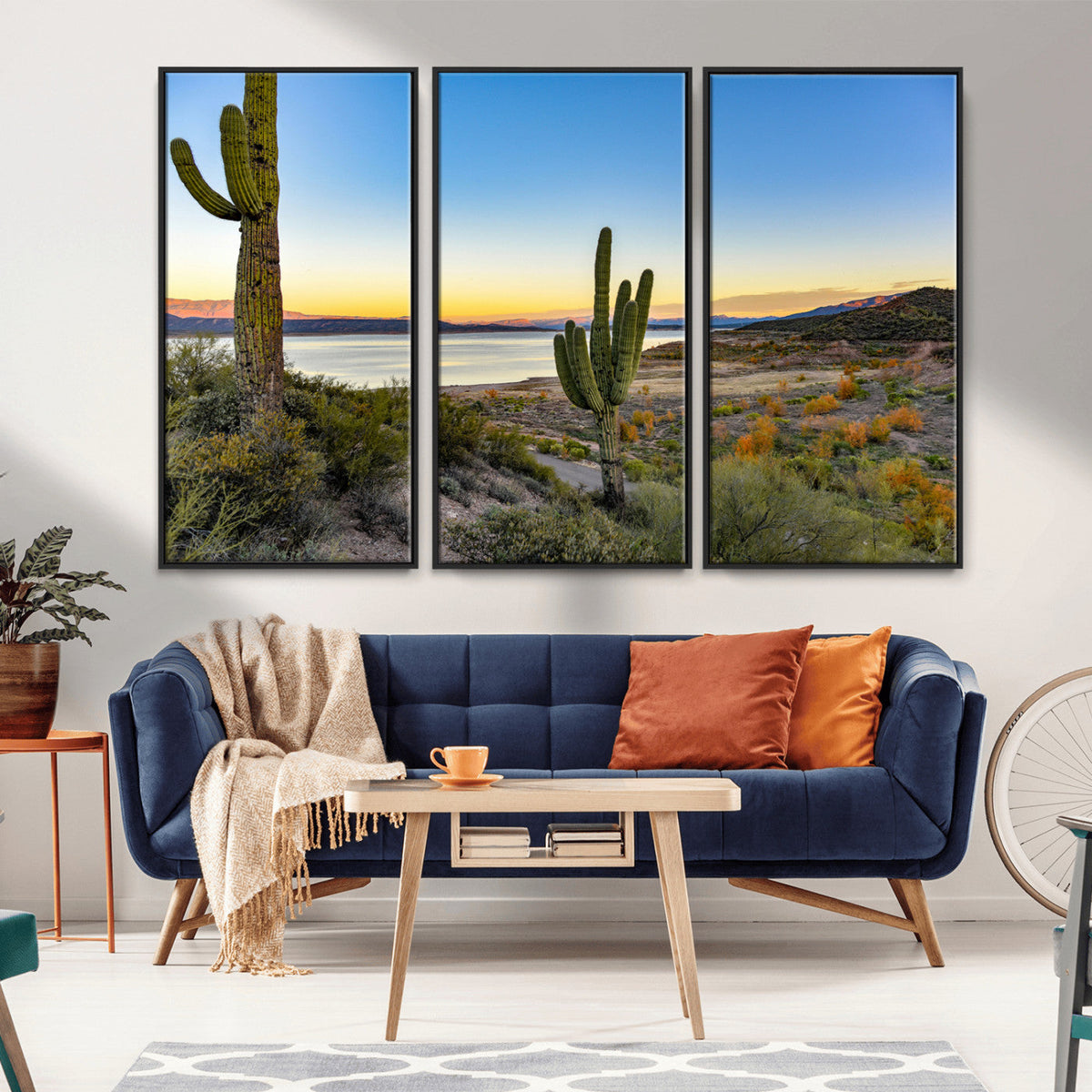 Saguaro Cactus Wall Art Canvas Print, Framed Desert Sunset Southwestern