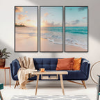 Beach Sunset Wall Art Canvas Print, Framed Ocean Waves Summer Escape