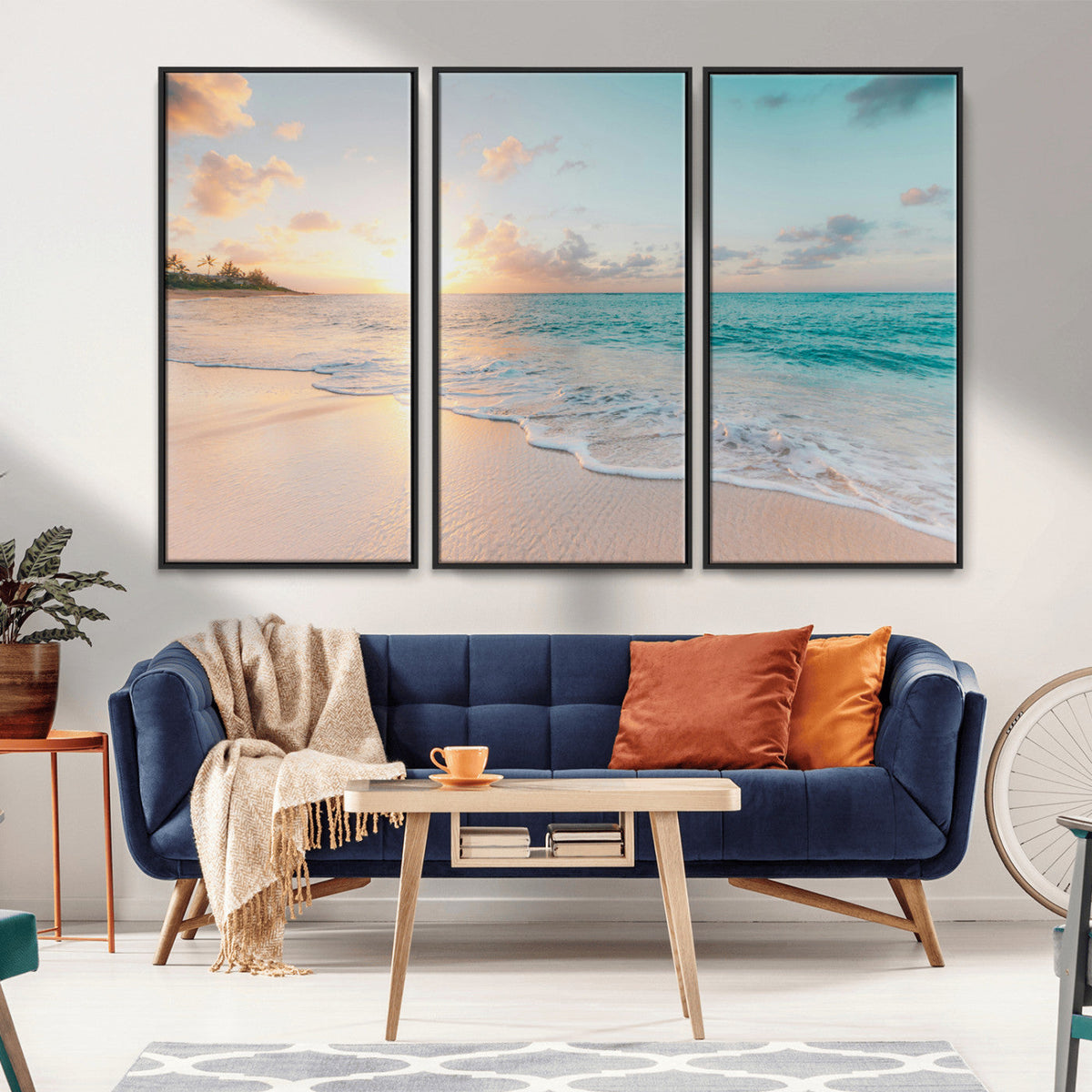Beach Sunset Wall Art Canvas Print, Framed Ocean Waves Summer Escape