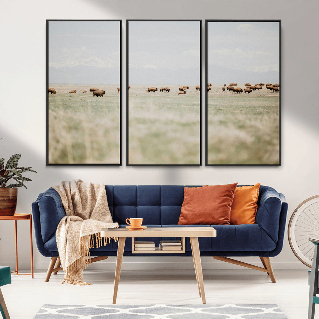 Bison Herd Wall Art Canvas Print, Framed Western Ranch Nature Scene