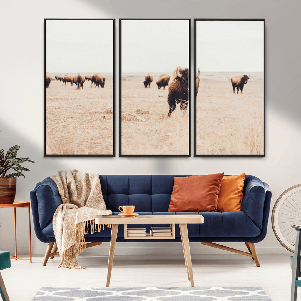 Bison Herd Wall Art Canvas Print, Framed Western Prairie Serenity