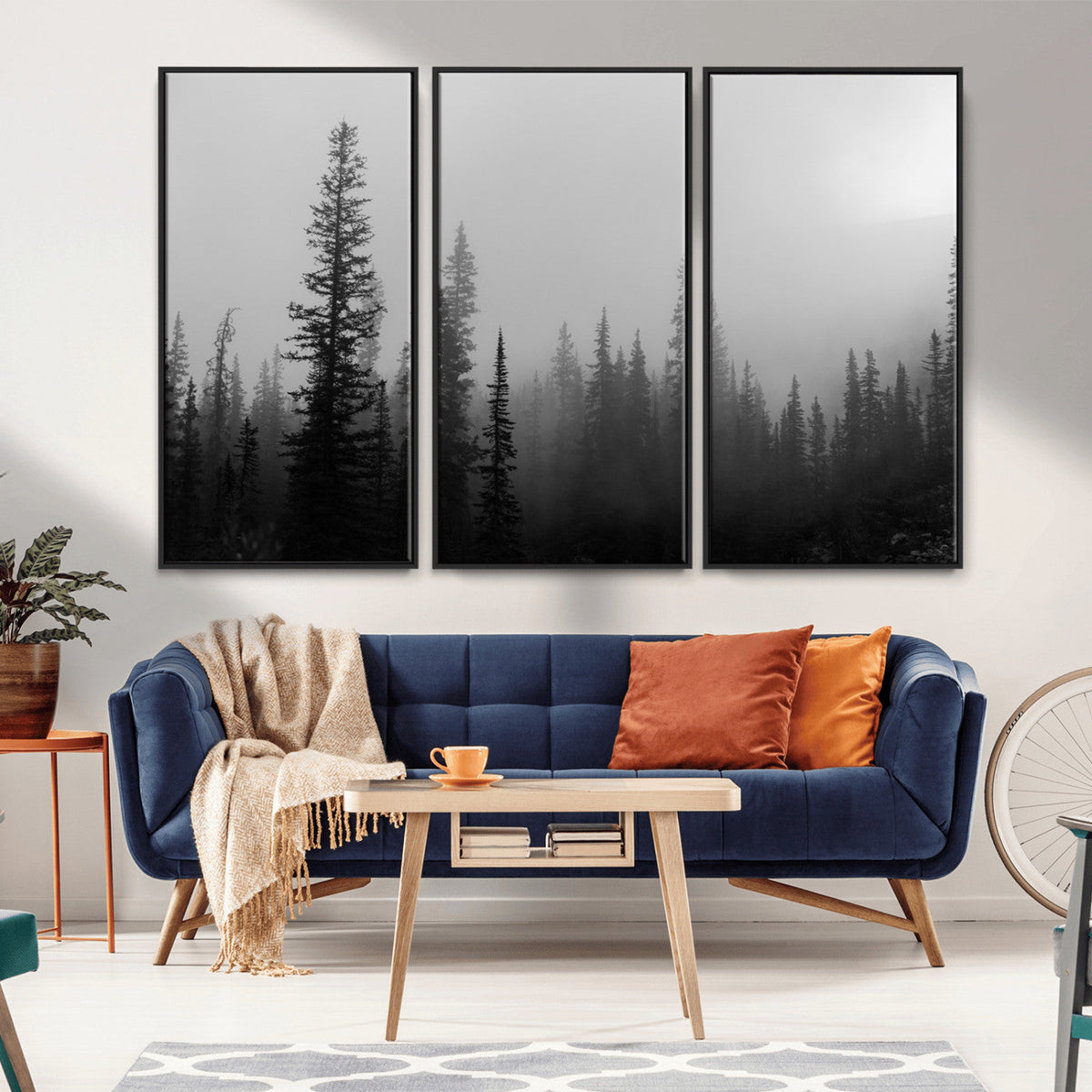 Misty Pines Wall Art Canvas Print, Framed Woodland Minimalist Black and White