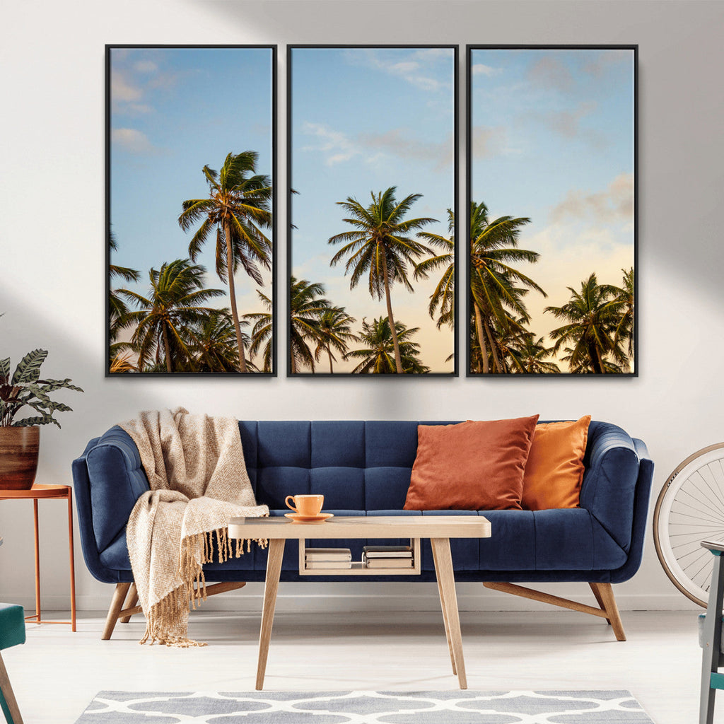 Palm Trees Wall Art Canvas Print, Framed Tropical Vibes Coastal Sunset