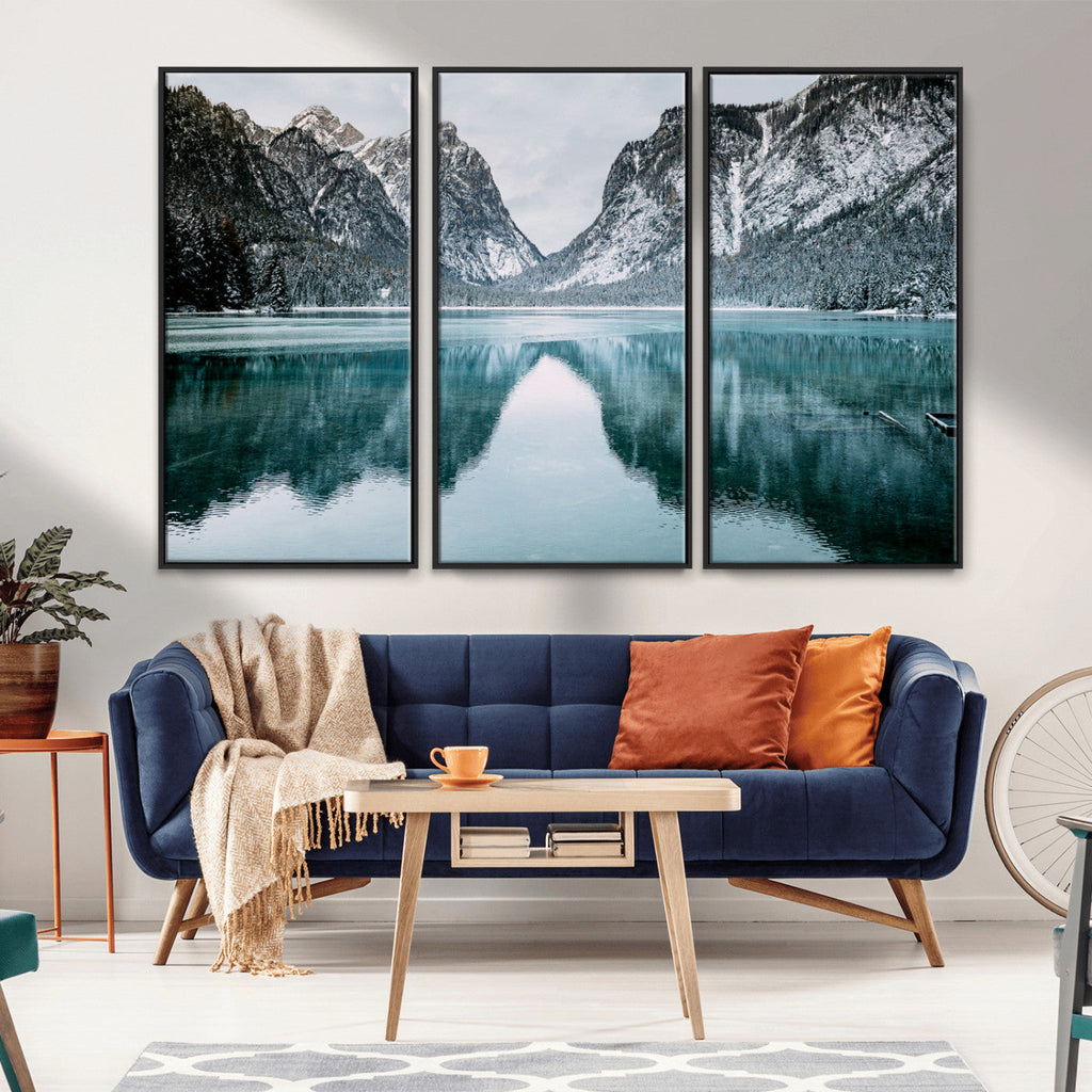 Mountain Lake Wall Art Canvas Print, Framed Toblacher See Winter Wonderland