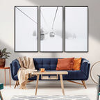 Ski Lift Wall Art Canvas Print, Framed Snowy Landscape Art, Alpine Adventure Nordic Minimalist Decor