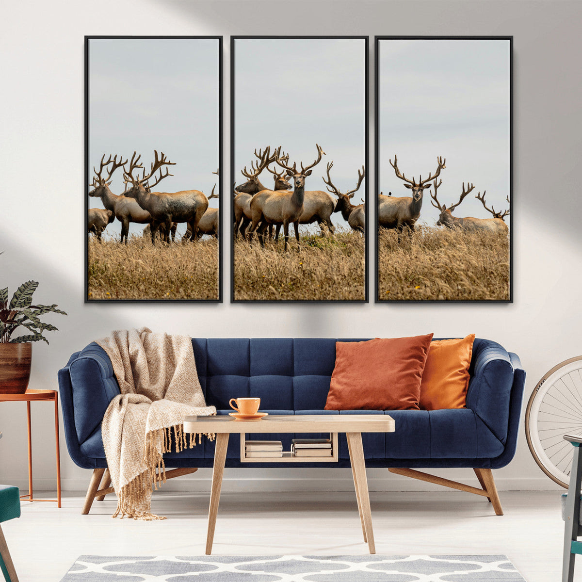 Elk Herd Wall Art Canvas Print, Framed Wildlife Photography Art, Majestic Antlers Rustic Wildlife Decor