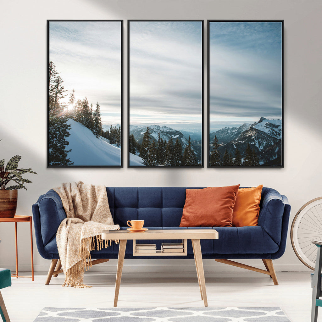Snowy Mountains Wall Art Canvas Print, Framed Alpine Landscape Frosty Peaks Artwork