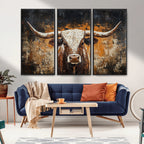 Abstract Longhorn Bull Wall Art Canvas Print, Vintage Western Texas Steer Artwork