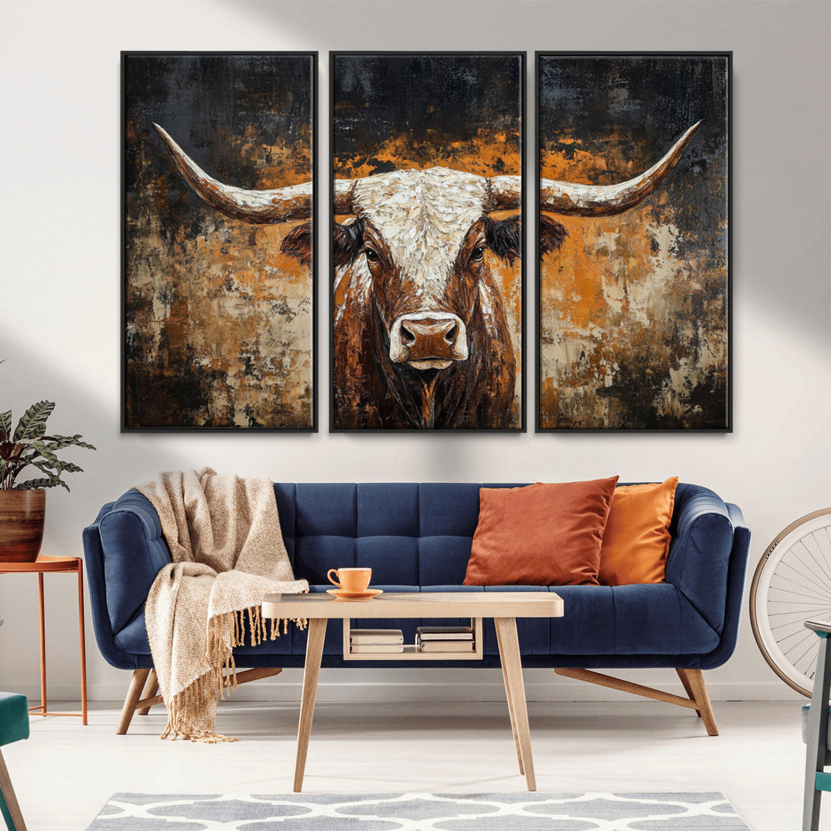 Abstract Longhorn Bull Wall Art Canvas Print, Vintage Western Texas Steer Artwork