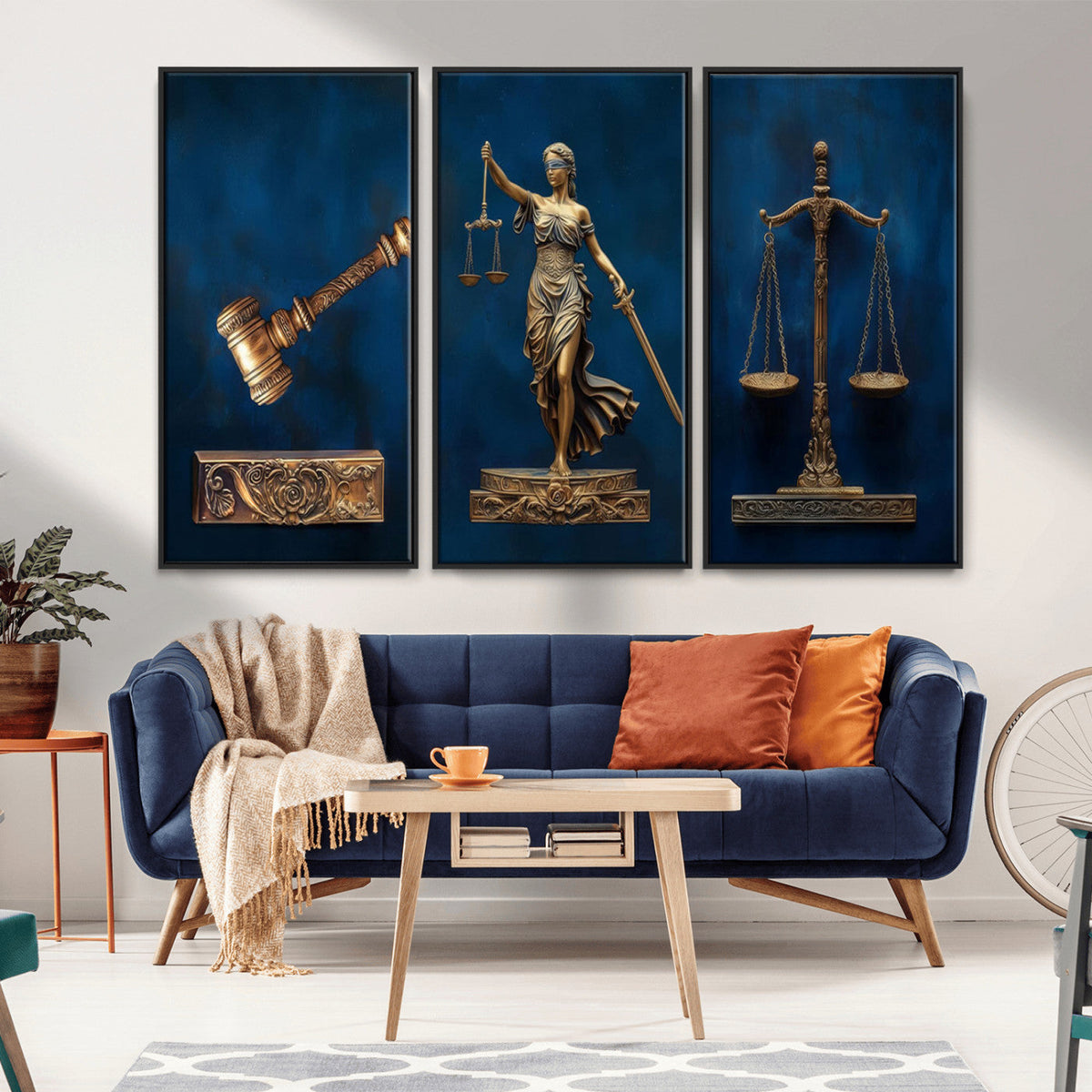 Lady Justice Wall Art Canvas Print, Elegant Gold Legal Symbols on Blue, Law Office Decor