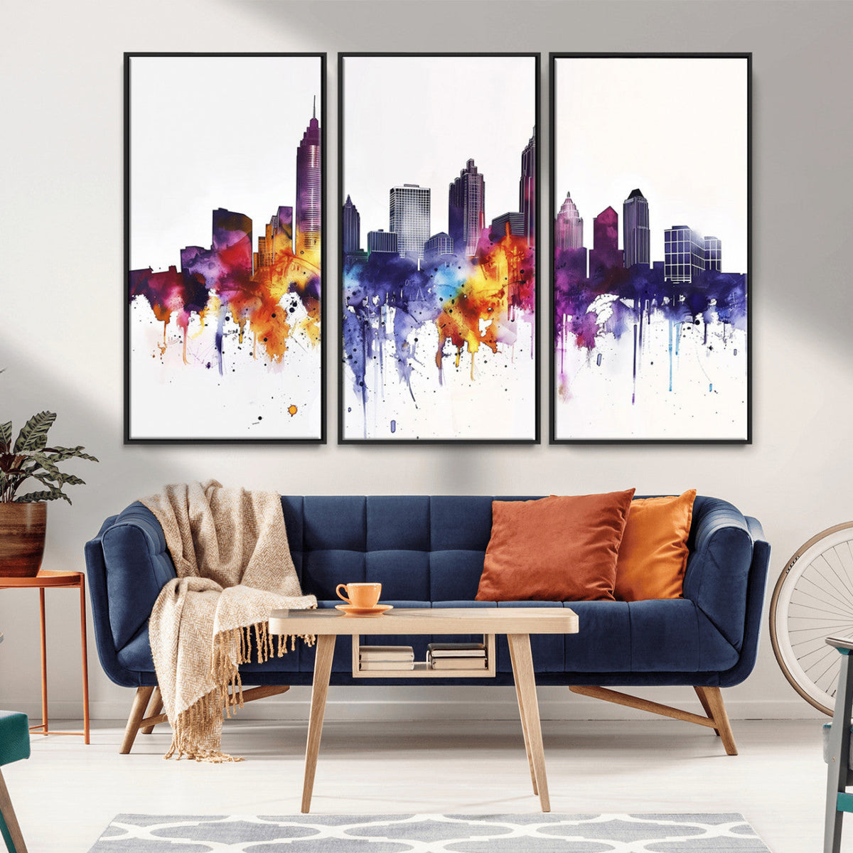 Atlanta Skyline Wall Art Canvas Print, Framed Colorful Watercolor Cityscape
