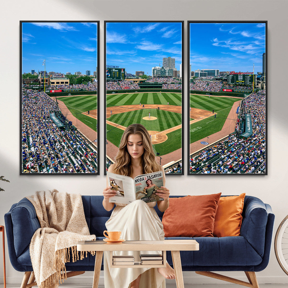 Wrigley Field Baseball Stadium Canvas Wall Art, Packed Crowd and Chicago Skyline