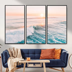 Sunset Surfing Wall Art Canvas Print, Ocean Wave Surfer with Golden Sky
