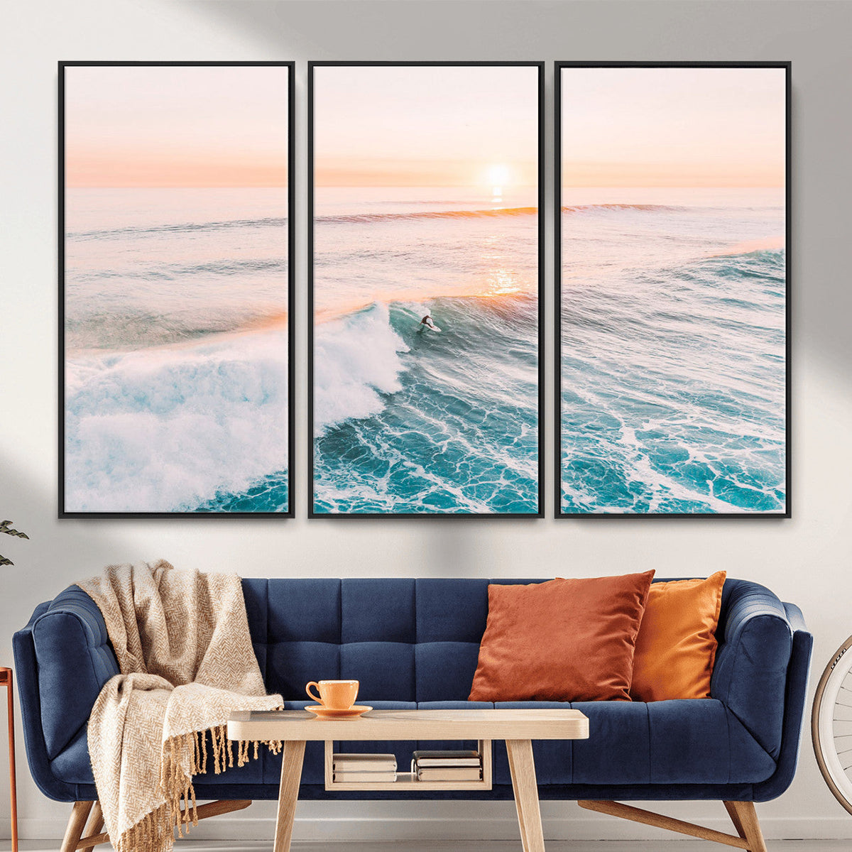Sunset Surfing Wall Art Canvas Print, Ocean Wave Surfer with Golden Sky