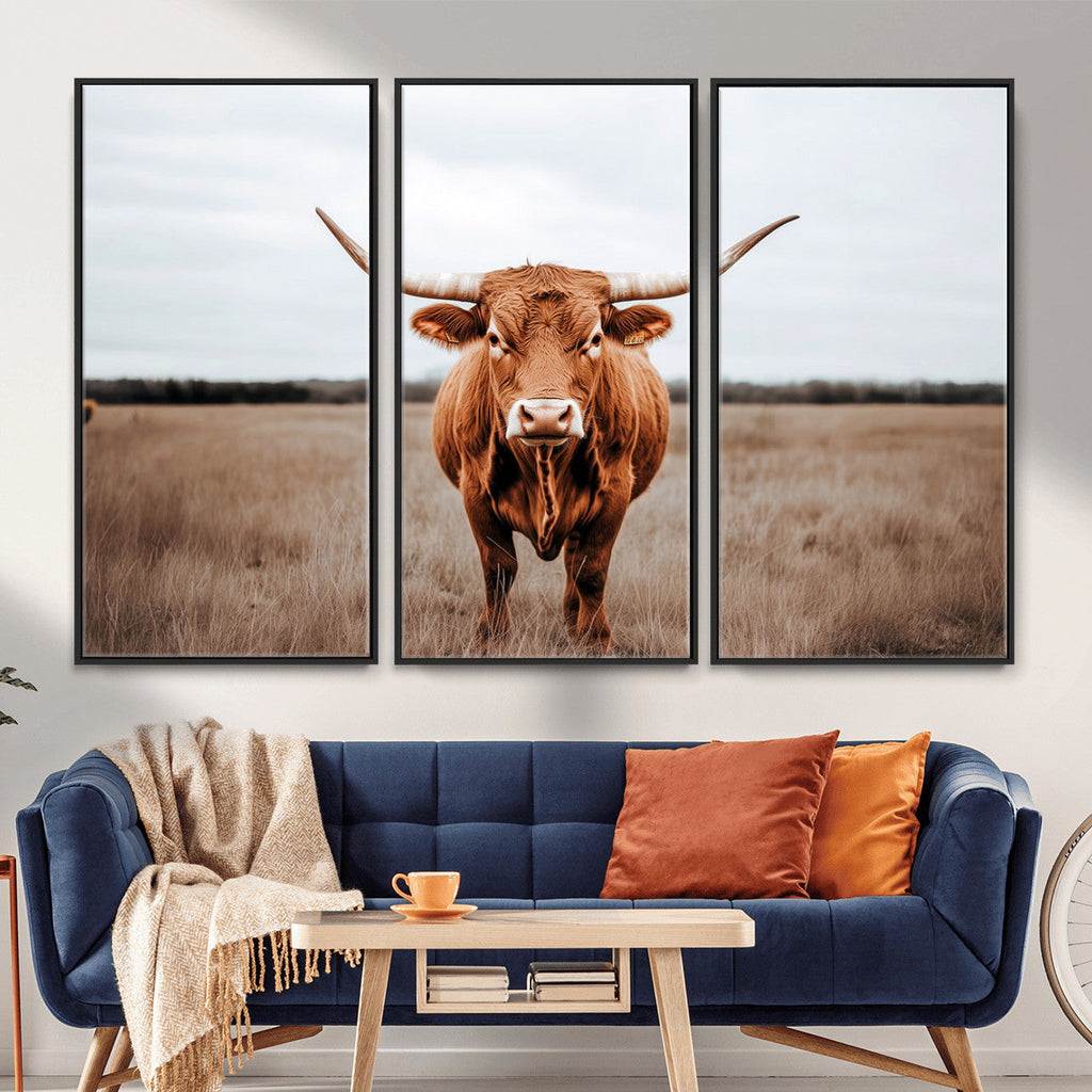 Longhorn Bull Wall Art Canvas Print, Framed Rustic Decor