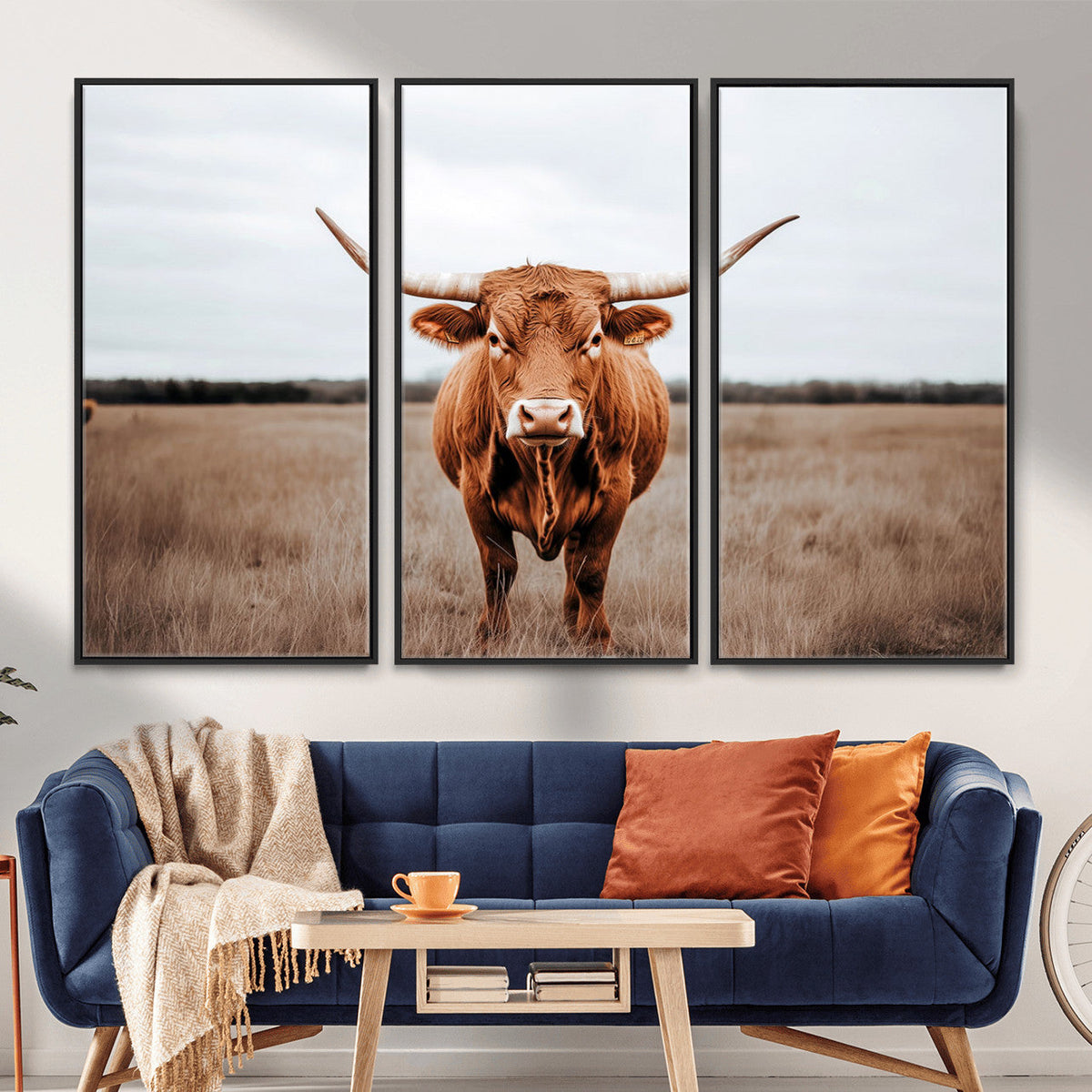 Longhorn Bull Wall Art Canvas Print, Framed Rustic Decor