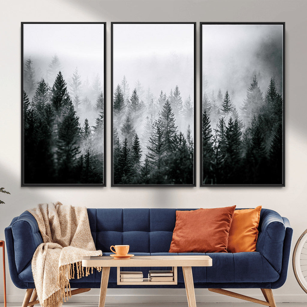 Foggy Forest Wall Art Canvas Print, Mountain Woodland Landscape, Minimal Nature Decor