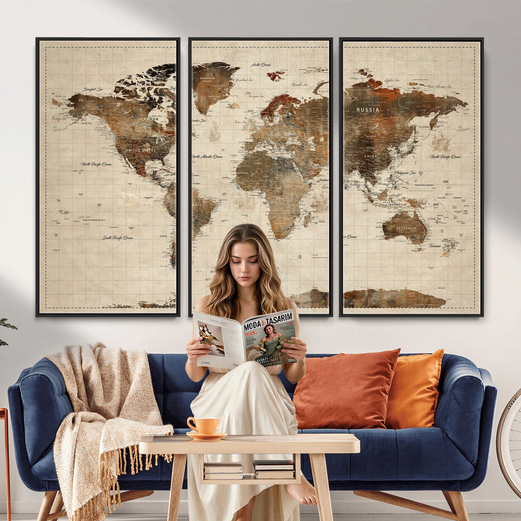 Vibrant Earth Tone World Map Canvas Print | Framed Detailed Map of the World