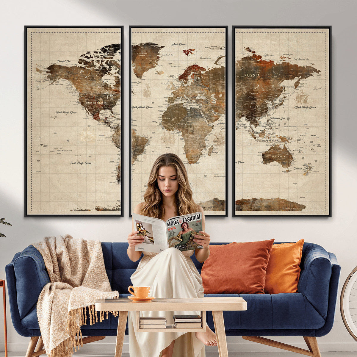 Vintage World Map Wall Art Canvas Print for Living Room, Office and Study