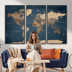 Navy Blue World Map Canvas Print | Framed Travel Map Wall Art