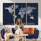 Blue Detailed World Map Wall Art Canvas Print | Modern Framed Map