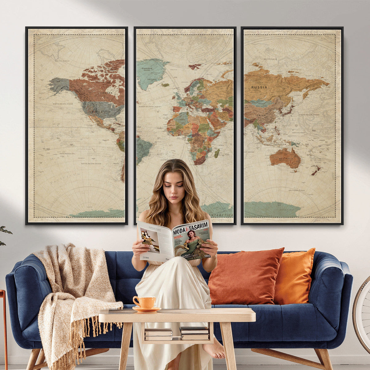 Vintage World Map Canvas Wall Art Print | Framed Modern World Map