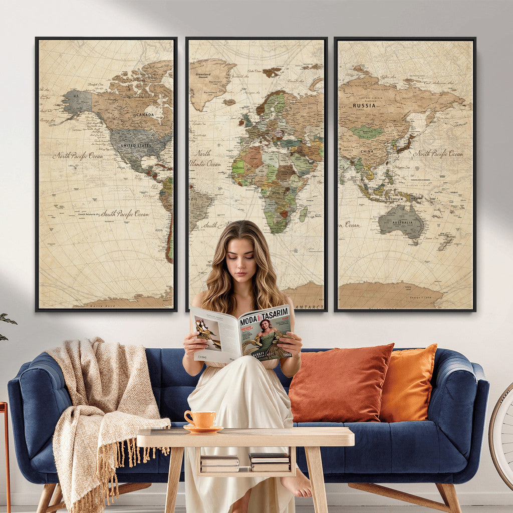 Framed World Map Wall Art for Home and Office Decor