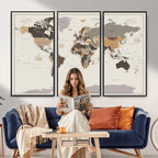 Custom Beige Modern Push Pin World Map Canvas Print, Places Visited Tracker, Bedroom and Study Decor