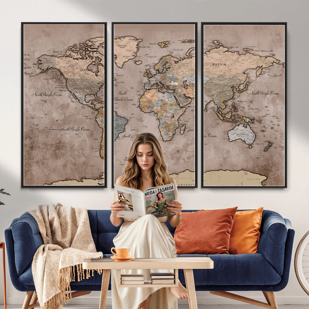 Grunge World Map Canvas Wall Art - Vintage Aged World Map with Golden Tones