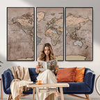 Grunge World Map Canvas Wall Art - Vintage Aged World Map with Golden Tones