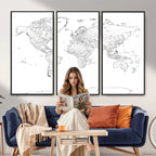 World Map Canvas Print, Framed Modern Detailed Map of the World for Home or Office