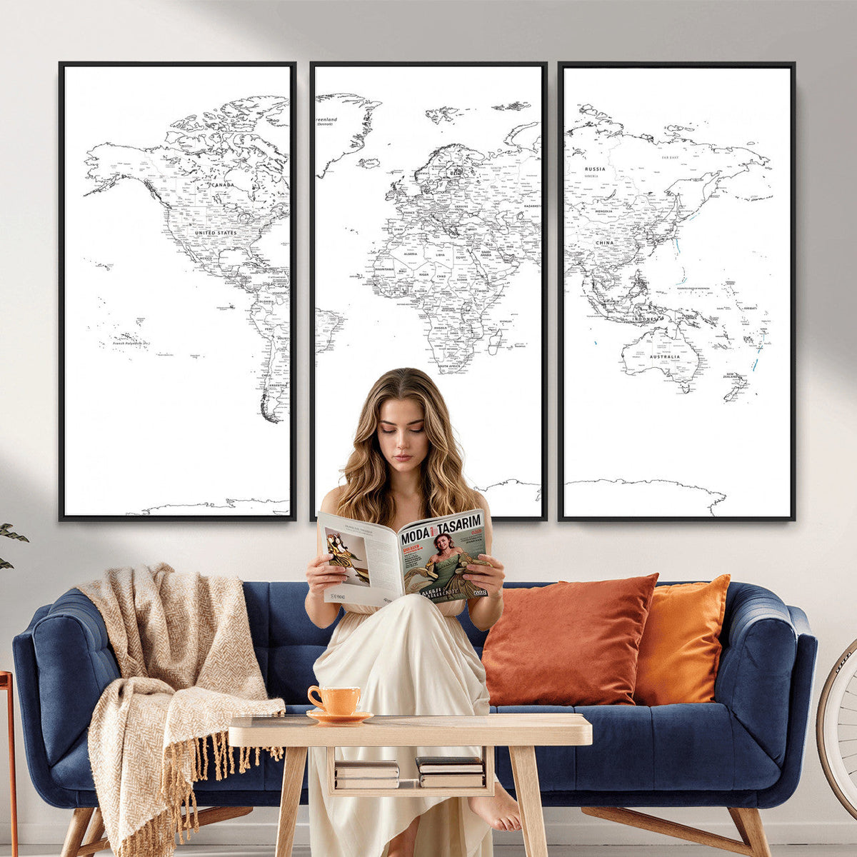World Map Canvas Print, Framed Modern Detailed Map of the World for Home or Office