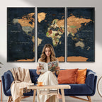 Vintage World Map Canvas Wall Art | Detailed Map with Countries, Oceans and Continents