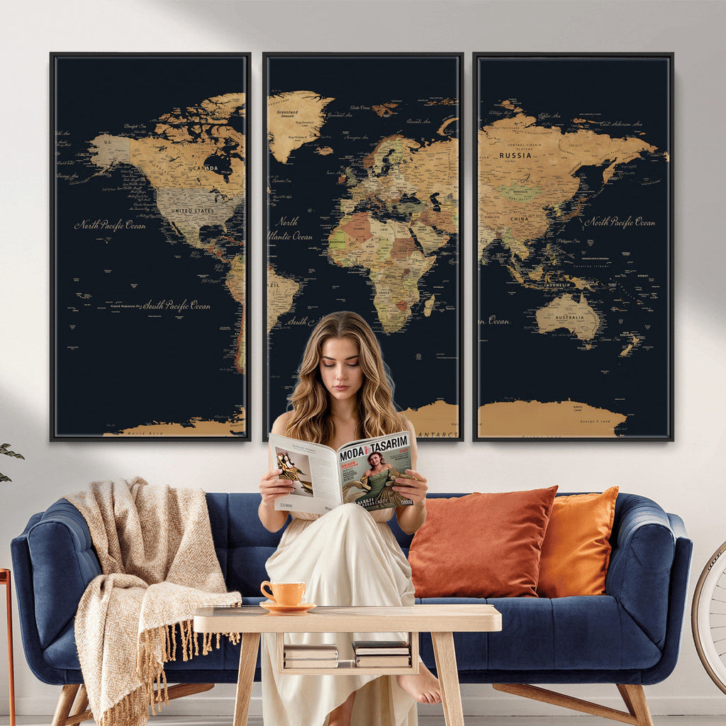 Vintage World Map Earth Globe Countries Oceans Continents