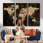 Brown World Map Canvas Print | Modern Travel Map Wall Art