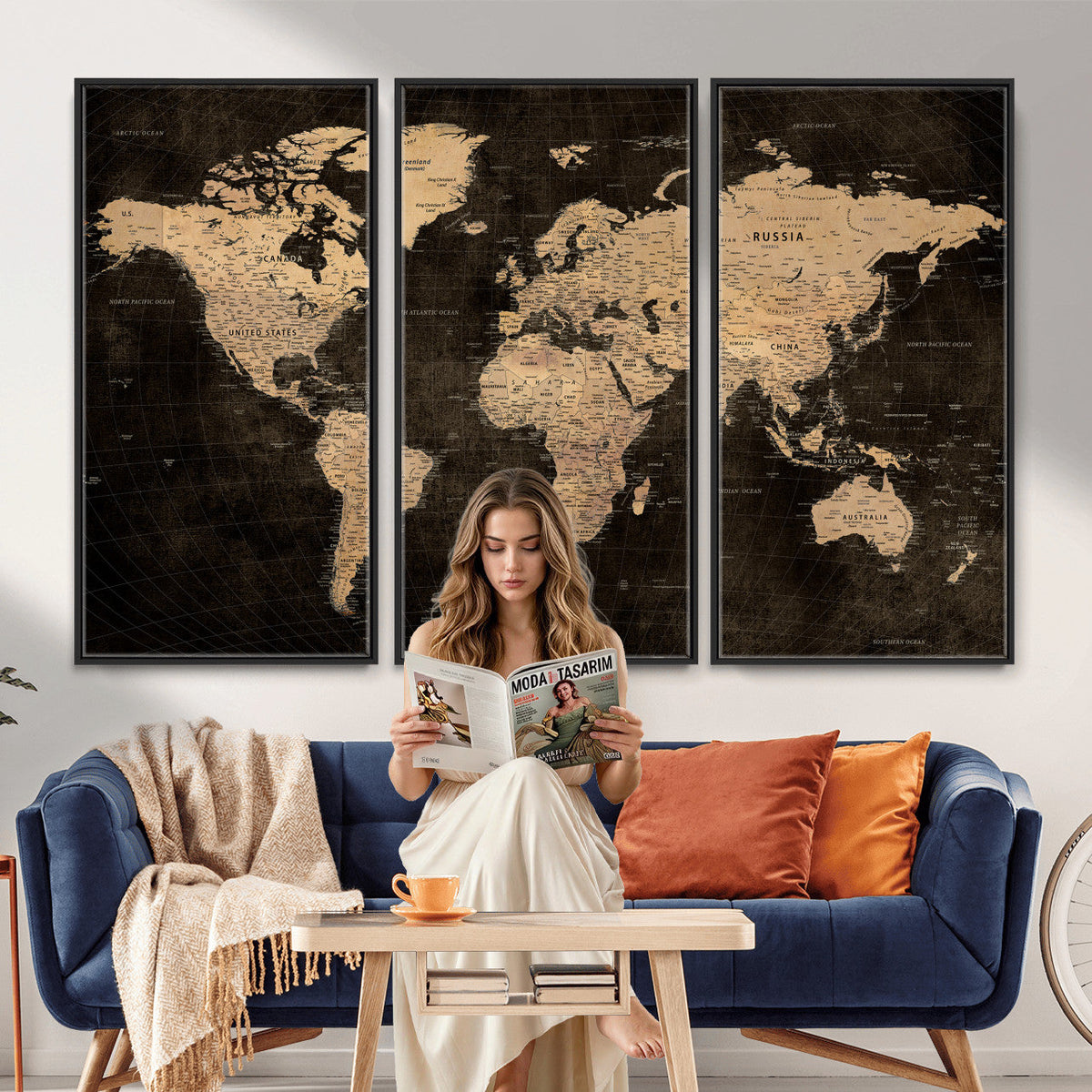 Brown World Map Canvas Print | Modern Travel Map Wall Art
