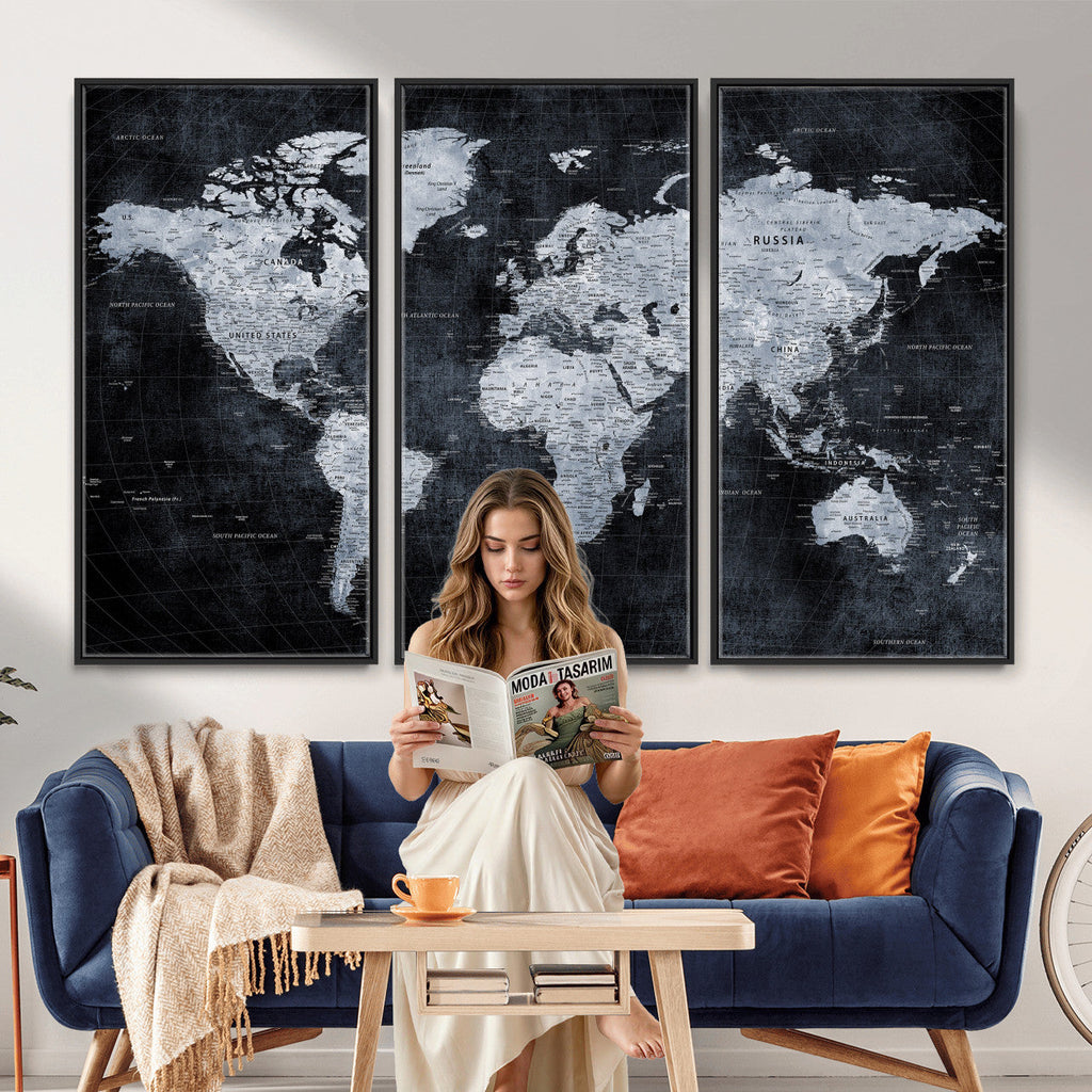 Black World Map Canvas Print | Detailed Map for Couples and Anniversary Gift