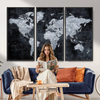 Black World Map Canvas Print | Detailed Map for Couples and Anniversary Gift