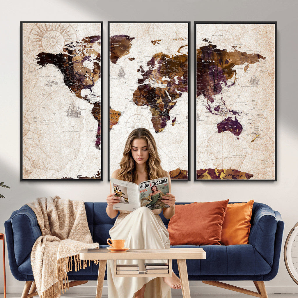 Blue Watercolor World Map Canvas Print | Framed Modern Wall Art