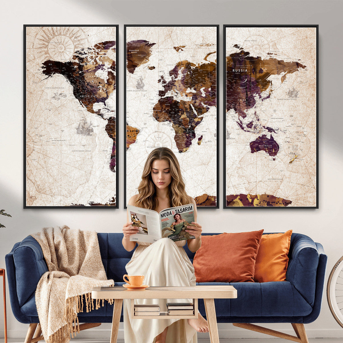 Blue Watercolor World Map Canvas Print | Framed Modern Wall Art