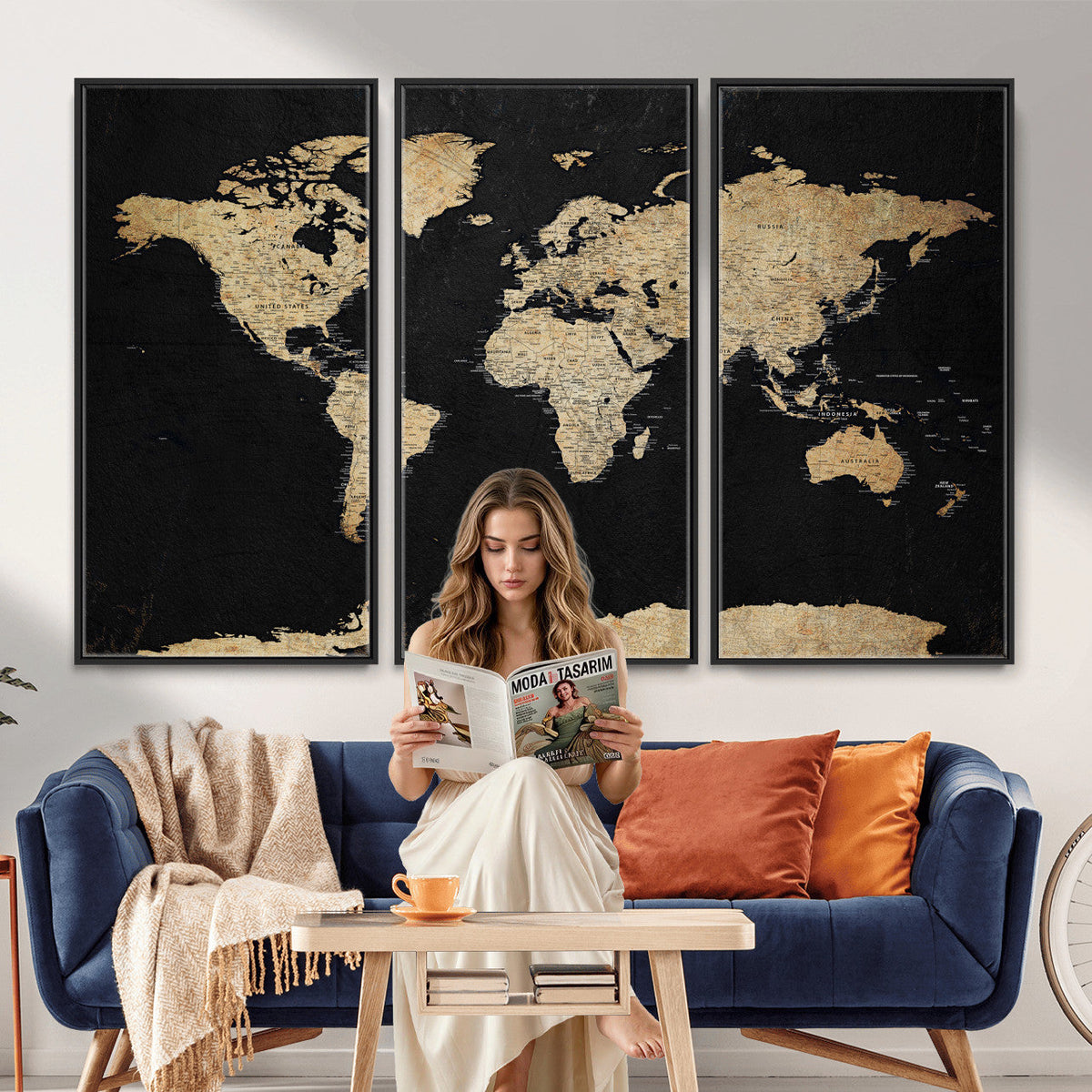 Beige World Map Canvas Wall Art Print, Minimal Black and Beige Map