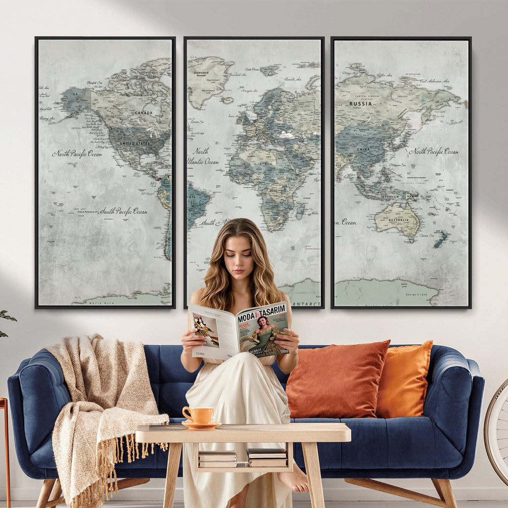 Neutral Vintage World Map Canvas Wall Art Print, Classic Map Artwork