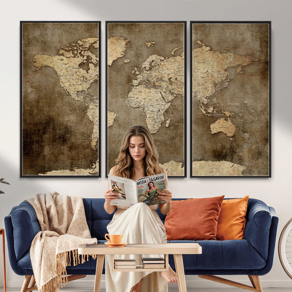 Dark Vintage World Map Canvas Wall Art Print, Antique Map Artwork