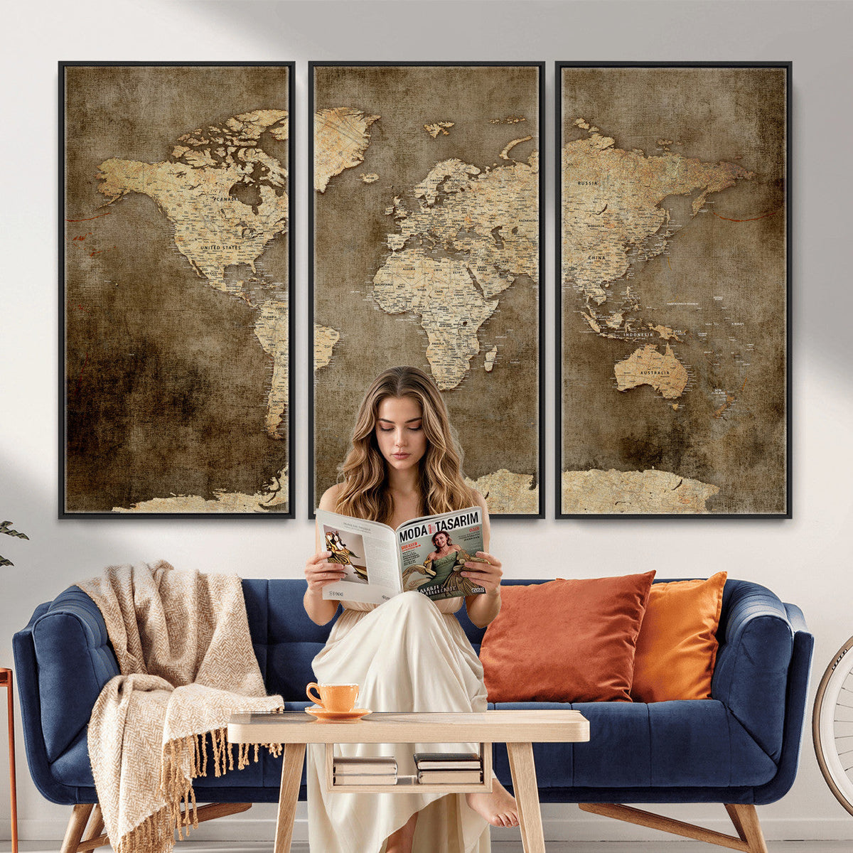 Dark Vintage World Map Canvas Wall Art Print, Antique Map Artwork