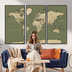 Vintage World Map Canvas Wall Art Print, Classic Global Map Artwork
