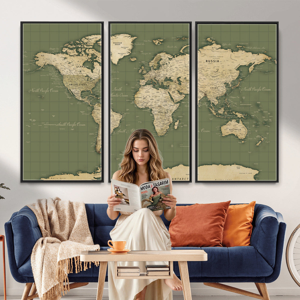 Vintage World Map Canvas Wall Art Print, Classic Global Map Artwork