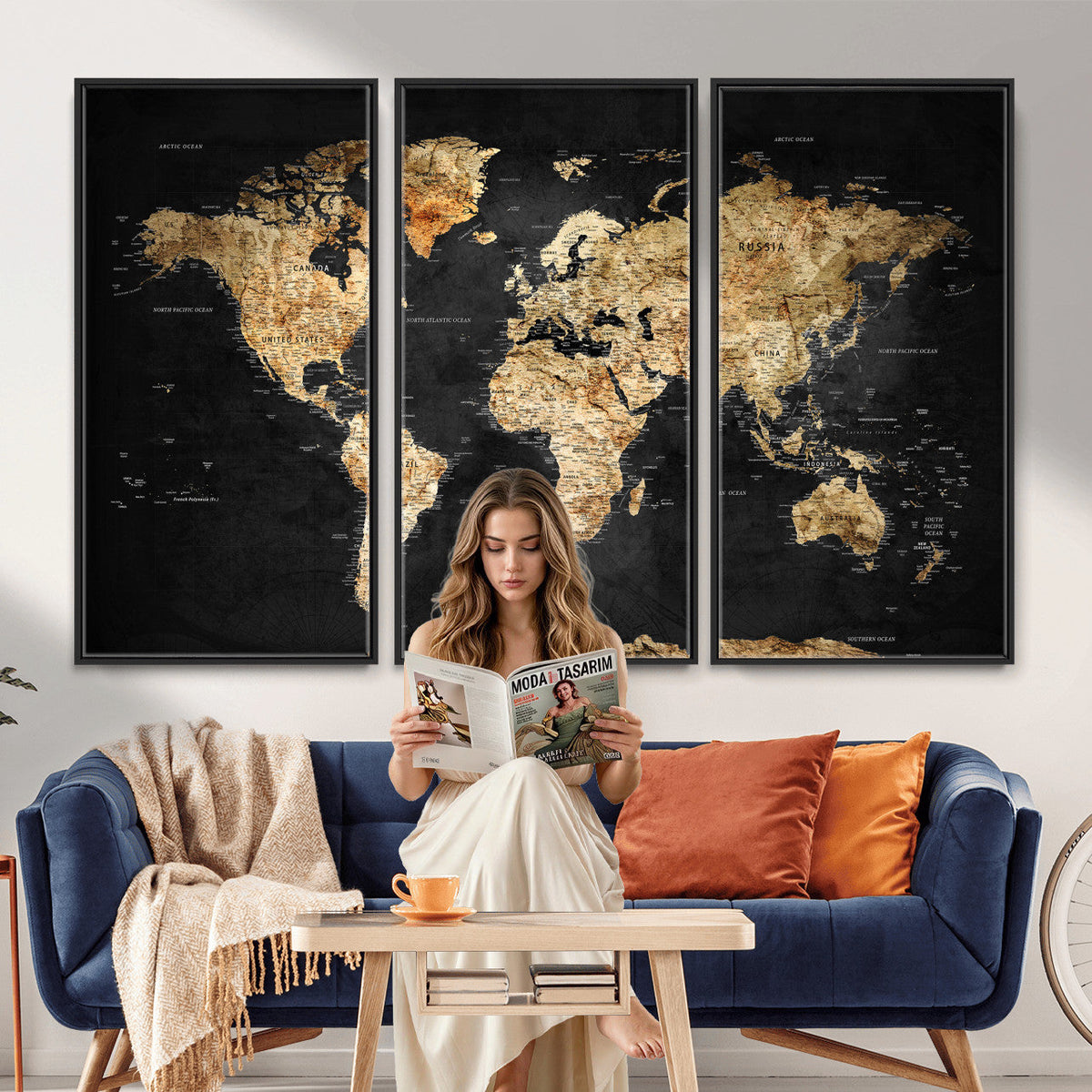 World Map Canvas Wall Art with Famous Landmarks | Framed Travel Map