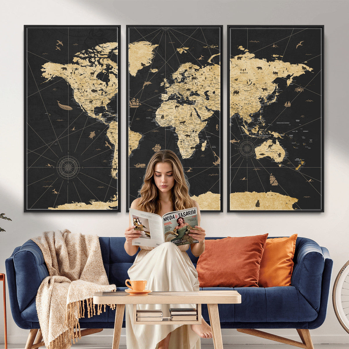 Vintage Blue and Brown World Map Canvas Wall Art | Framed Rustic Map Print