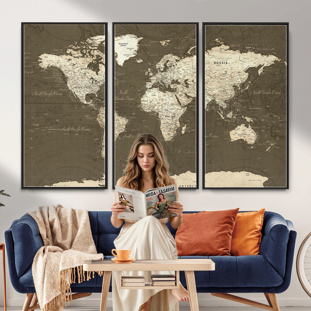 Vintage World Map Canvas Print | Framed Travel Map Wall Art for Couples