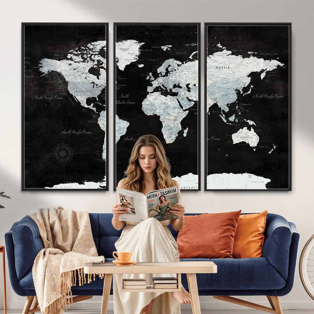 World Map Canvas Print | Framed Push Pin Wall Art, Color Splash Travel Map